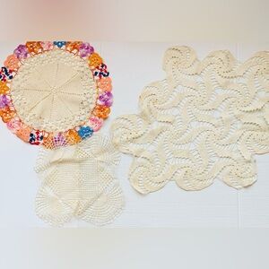 Crochet Doilies Lot of 3 Large Vintage 13” 16” 28” Multicolored Vintage Handmade